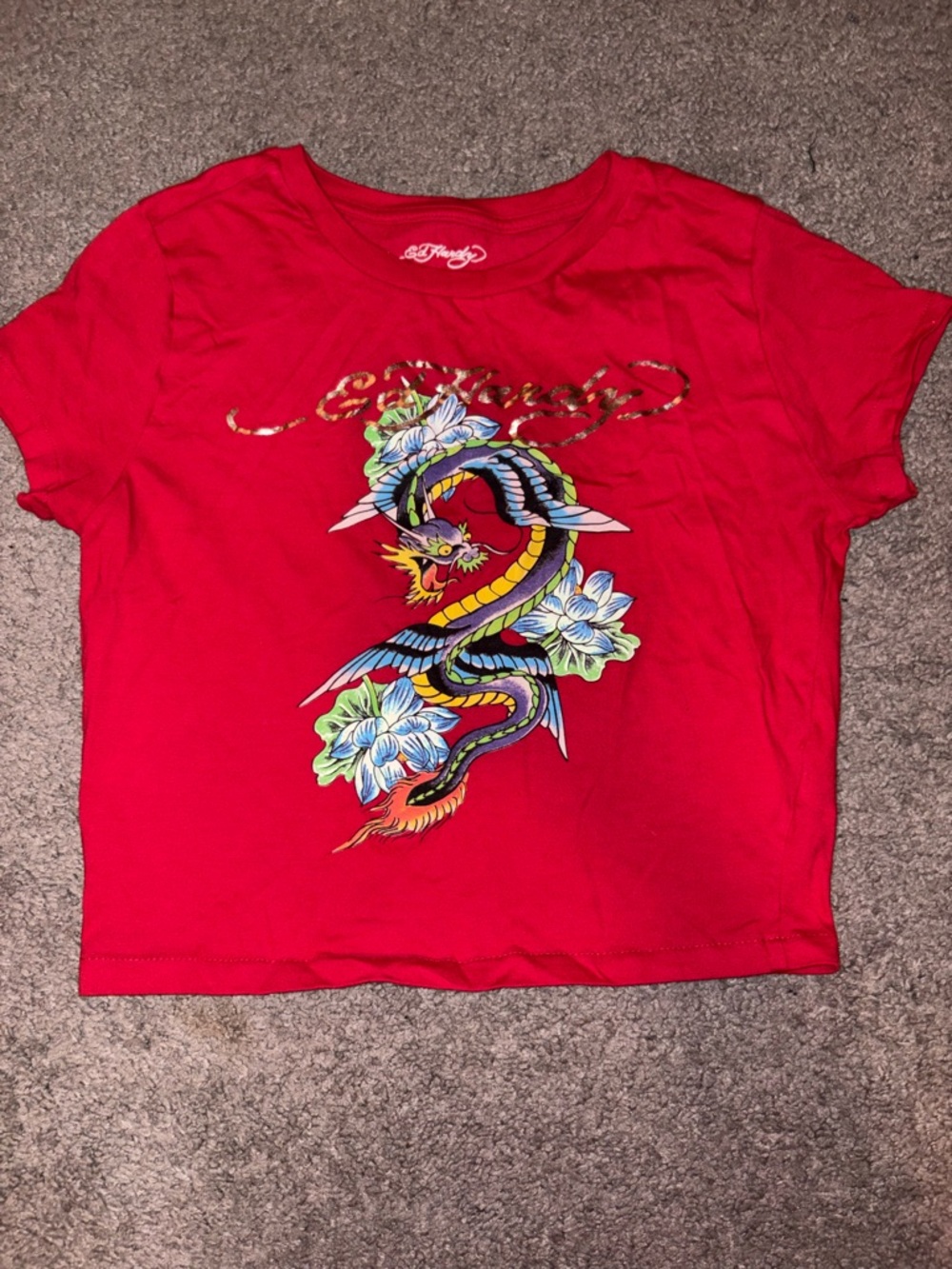 Ed Hardy Red Crop Tee with Multicolor Dragon Graphic
